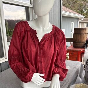 American Eagle Outfitters Deep Red Button-Front Peasant Blouse